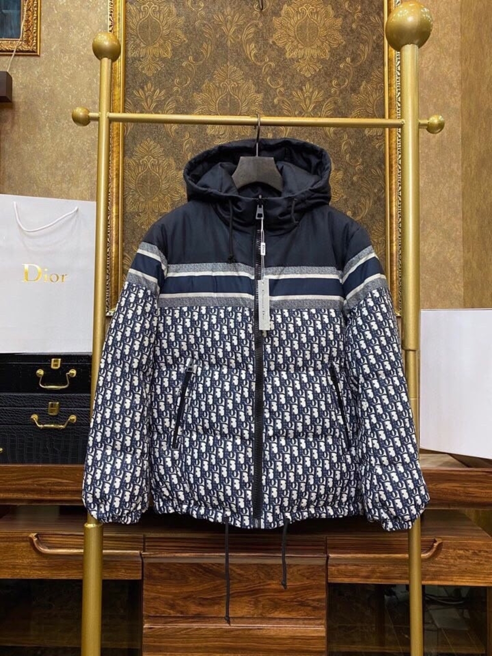 Dior Navy Monogram Puffer Jacket with Hood